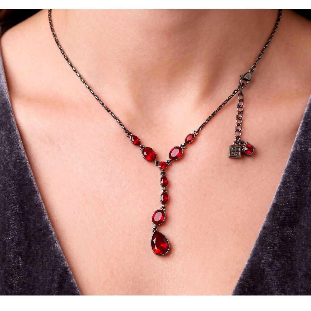 Vintage GIVENCHY Red Crystal Rhinestone Y Drop Necklace Gunmetal Signed FREE SHP